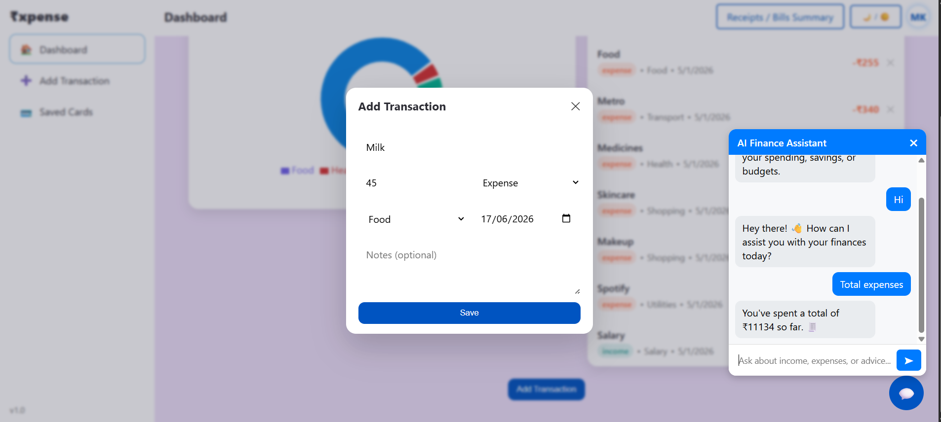 XPENSE analytics screen showing expense transaction list and AI Finance Assistant chat widget in a finance tracker app